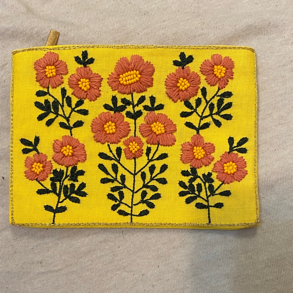 Floral Embroidered Yellow Pouch